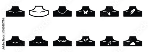 Collection of black silhouette necklace display stands with various decorative elements and one outline version, presented as a vector illustration