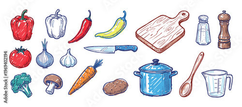 Colorful hand-drawn kitchen utensils and fresh vegetables are arranged neatly, showcasing a vibrant culinary collection in a sketch style