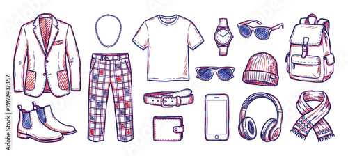 Various hand-drawn men's fashion accessories and clothing items are arranged neatly in a flat lay style