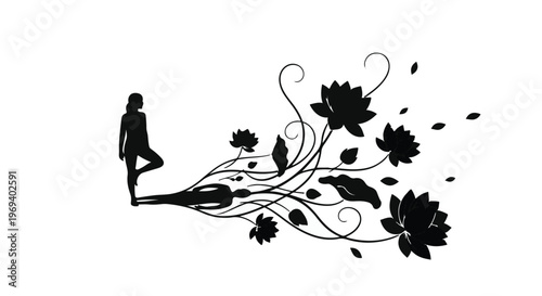 Silhouette of a woman in a yoga pose with blooming lotus flowers flowing from her.