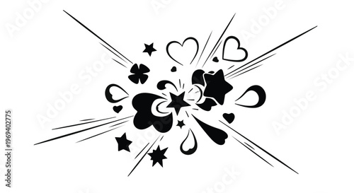 Explosive burst of playful shapes and stars with hearts radiating outwards
