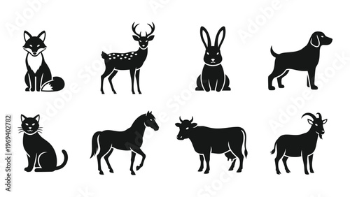 A collection of various farm and forest animals presented in a simple black silhouette style high quality professional detailed modern elegant