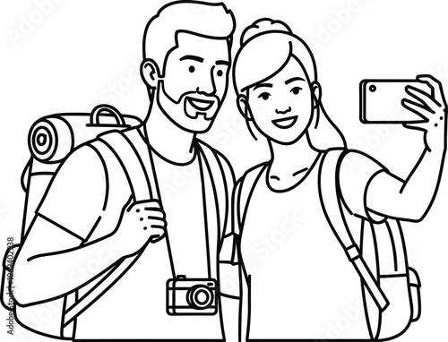 Happy couple taking a selfie on a hiking adventure together outside