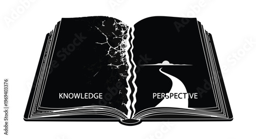 Open book symbolizing the journey from knowledge to perspective with a path leading forward.