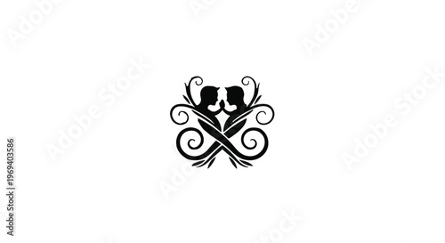 Elegant silhouette of two people embracing with decorative swirling elements