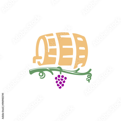 A charming and thematic minimalist logo in pale orange, purple, and sage green, depicting a traditional wooden barrel resting above a grapevine.