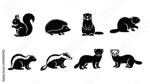 A collection of various forest animals depicted in a stark black silhouette style showcasing their unique forms high quality professional detailed