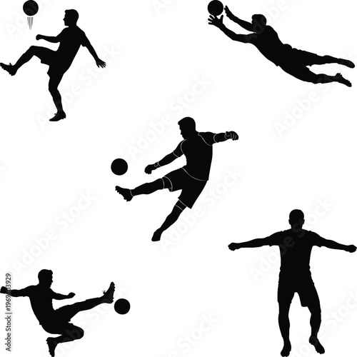Collection of soccer player silhouettes in attacking and defending poses.