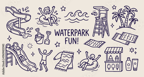 Waterpark fun sliding, ocean wave doodle, beach vacation vector, summer holiday line art, pool party pattern, outdoor activities icons, hand drawn 