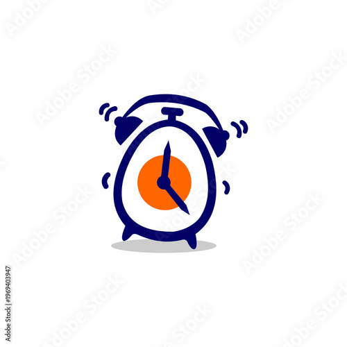A lively and playful minimalist logo in navy blue and bright orange, depicting a ringing alarm clock.
