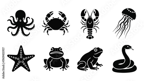 A collection of marine and amphibious creatures depicted in stark black silhouettes against a white background silhouette high quality professional detailed