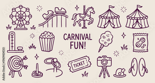 Carnival fun fair, roller coaster doodle, carousel horse vector, amusement park line art, circus tent pattern, theme park icons, hand drawn festival
