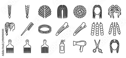 Collection of various hair braids, hair accessories, and styling tools presented as simple black outline icons