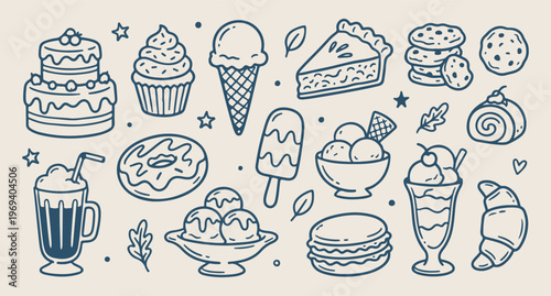 Sweet dessert doodle, ice cream cone, cupcake and donut, pastry line art, sugar treats pattern, bakery food vector, hand drawn sweets
