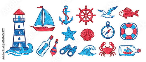 Collection of hand-drawn nautical elements including a lighthouse, sailboat, anchor, and compass in blue and red colors