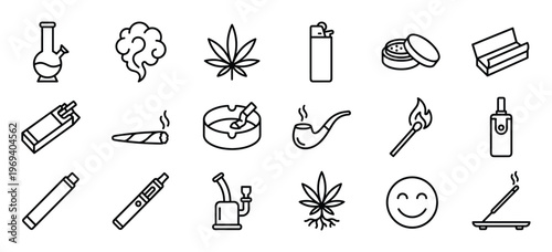 Collection of black outline icons depicting various smoking accessories and cannabis-related items on a clean white surface