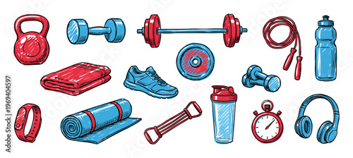 Various hand-drawn fitness and gym equipment in red and blue colors, including weights, a yoga mat, and a water bottle