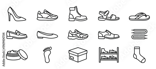 Various black outline shoe icons, including heels, sneakers, boots, sandals, and loafers, are neatly arranged in a clean, minimalist style