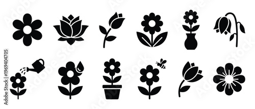 Collection of various black flower icons in different styles, including a watering can and a bee, on a clean white surface