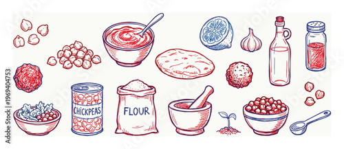 Collection of hand-drawn chickpea-based food items and ingredients, including hummus, falafel, and flour, in a vibrant sketch style