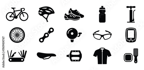 Collection of black silhouette bicycle icons and cycling accessories arranged neatly in rows, presented as a graphic illustration
