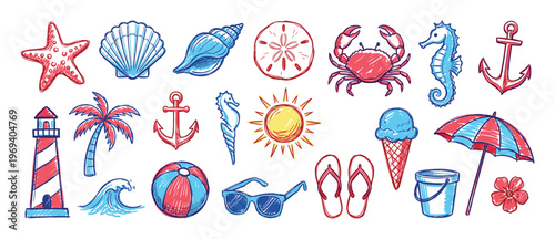 Various hand-drawn summer and beach-themed doodles in red and blue colors are arranged neatly on a white surface, creating a playful and vibrant collection