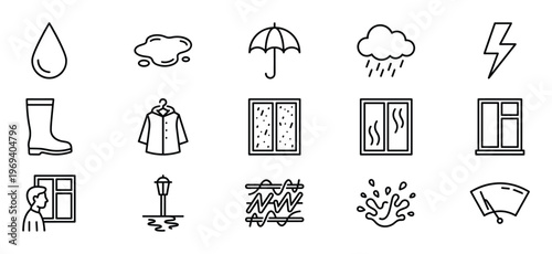 Collection of fifteen black outline icons representing various weather conditions and related items, presented in a clean, minimalist style