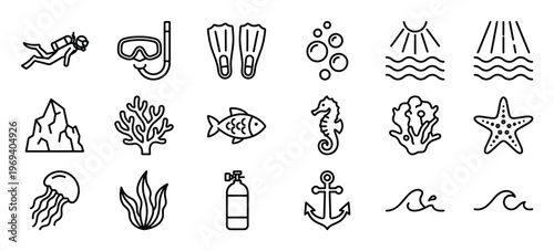 Collection of black outline icons representing various underwater elements and diving equipment, presented in a clean, minimalist style