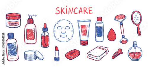 Various hand-drawn skincare and beauty products are neatly arranged, showcasing a charming, doodle-style illustration with red and blue accents