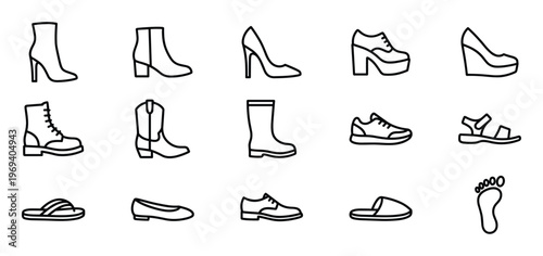 Collection of various footwear icons, including boots, heels, sneakers, sandals, and slippers, presented in a clean line art style