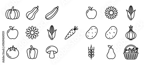 Various black outline icons of fruits, vegetables, and plants are neatly arranged in rows, depicting healthy food