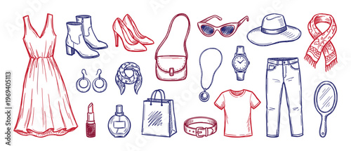 Collection of hand-drawn fashion accessories and clothing items in red and blue sketch outlines, arranged neatly