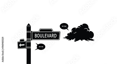 Directional signpost pointing towards a cloudy future, with communication bubbles