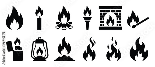 Collection of various black fire icons including a candle, campfire, torch, fireplace, and lighter, presented as simple graphic elements