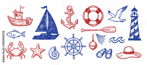 Collection of hand-drawn nautical elements in red and blue, including boats, anchors, a lighthouse, and marine life, presented in a sketch style