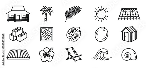 Collection of various outline icons representing tropical and construction elements, including a house, palm tree, sun, and building materials