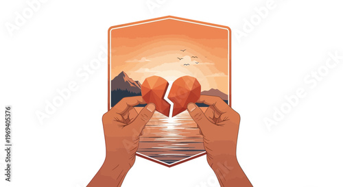 Hands holding broken heart emblem vector illustration representing separation