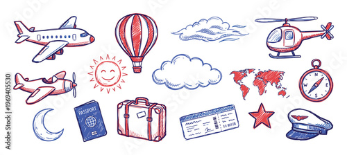 Various hand-drawn travel and aviation doodles, including airplanes, hot air balloon, passport, and luggage, are scattered across a white surface