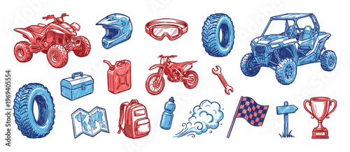 Collection of hand-drawn off-road adventure items including an ATV, UTV, dirt bike, helmet, and various accessories in a vibrant sketch style