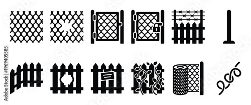 Collection of black and white fence and gate icons, including chain link, picket, and barbed wire designs