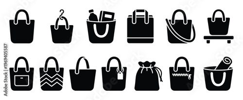 Collection of black silhouette shopping bags, tote bags, and drawstring pouches in various styles, presented as icons