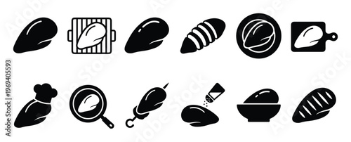 Collection of black and white chicken breast icons illustrating various cooking preparations and serving styles