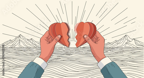 Hands holding broken heart halves with rays of light and mountain backdrop