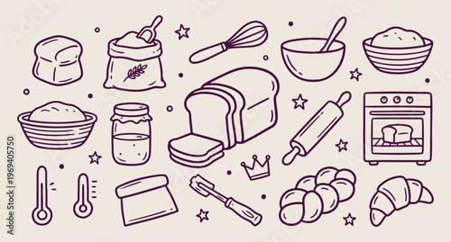 Fresh bakery bread, flour and rolling pin, kitchen baking background, wheat product vector, breakfast food pattern, artisan bakery line art, hand drawn bread doodle
