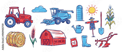 Vibrant collection of hand-drawn farm elements including a red tractor, blue combine, barn, and various agricultural tools