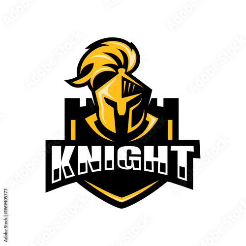 Knight Warrior on Shield Symbol Logo Design. Spartan Helmet Logo Inspiration.
