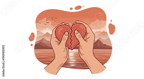 Hands holding broken heart illustration against landscape background