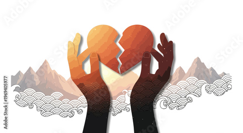Hands holding broken heart illustration concept of loss and healing