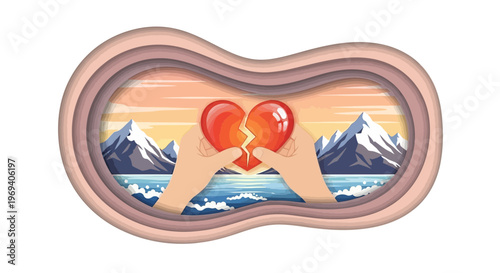 Hands holding broken heart illustration concept of loss or separation