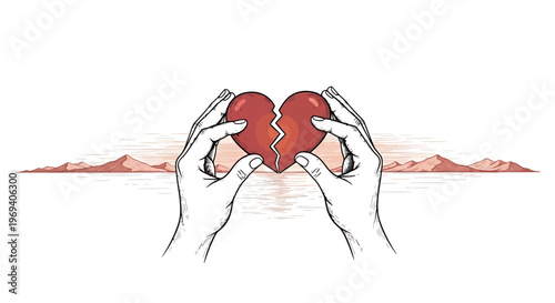 Hands holding broken heart illustration concept of love and loss